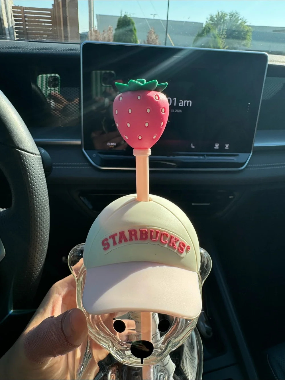 Starbucks Clear Bear Tumbler with Pink Straw and Strawberry Top - Picture 2 of 3